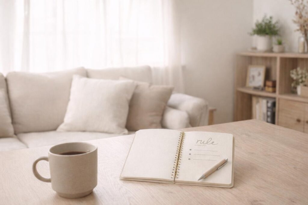 ナチュラルなくすみカラーのリビングで、ノートに「rule」と書かれたイメージ