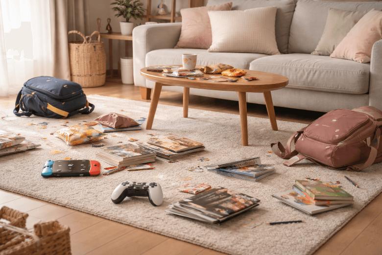 子どもが遊んで散らかったリビング